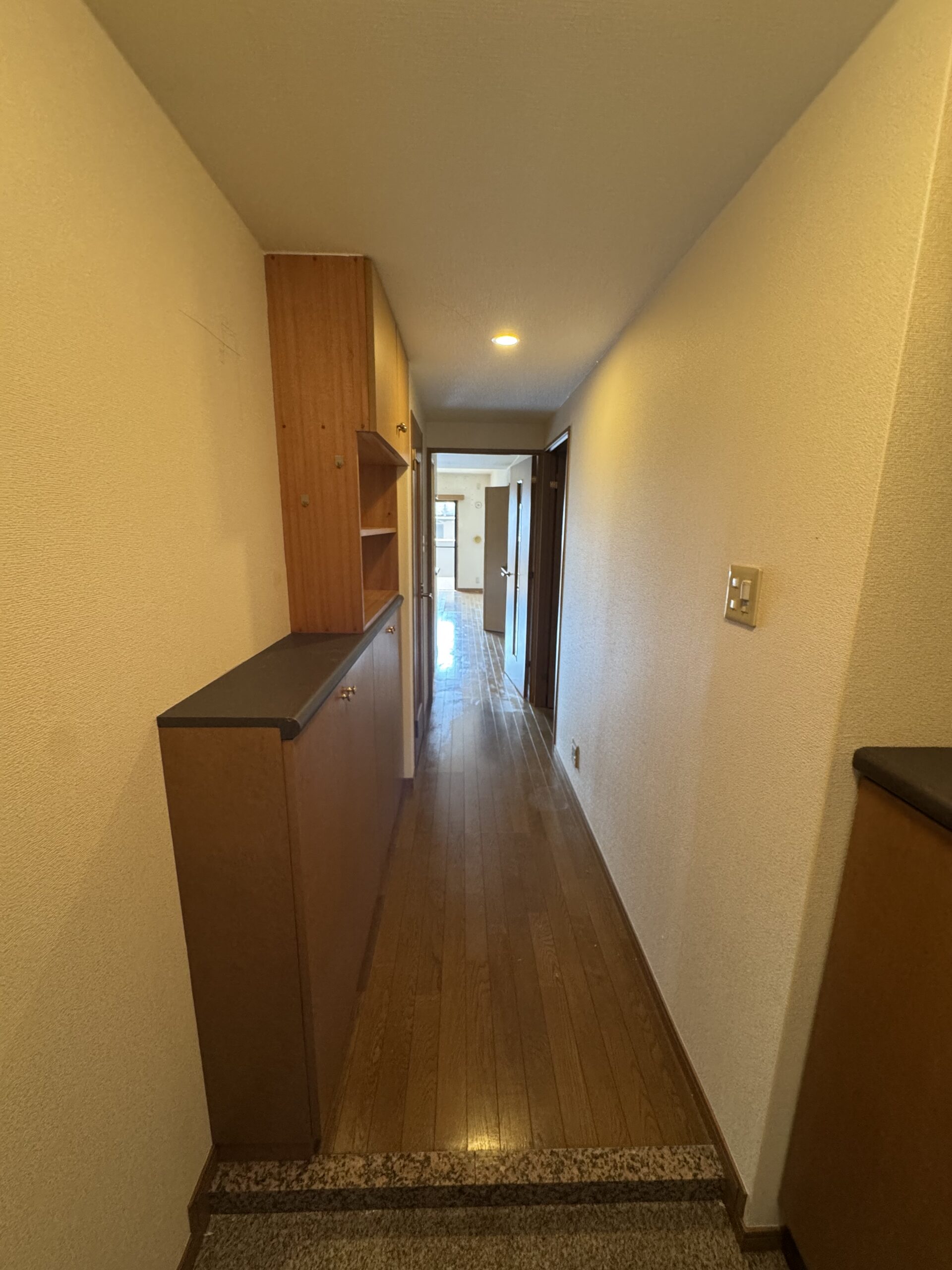 リビング・玄関に施工したエコカラットを間接照明で照らし、ホテルライクな空間を演出。モノトーン基調の内装に、ブラウンやブルーのクロスをアクセントとして採用した、施主様こだわりのお部屋。